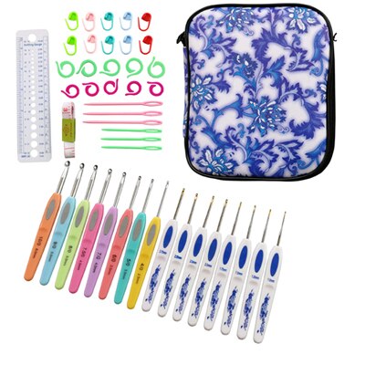 QZLKNIT 16 unids/set 1,0-6,0mm, mango de plástico clásico, conjunto de ganchillo de aluminio con bolsa, herramientas de costura de aguja de tejer DIY: Blue set and tool