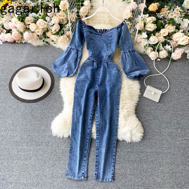 Gagarich kvinner denim jumpsuit sexy slash neck off-shoulder pufferm dame høst high street retro jeans bodysuit