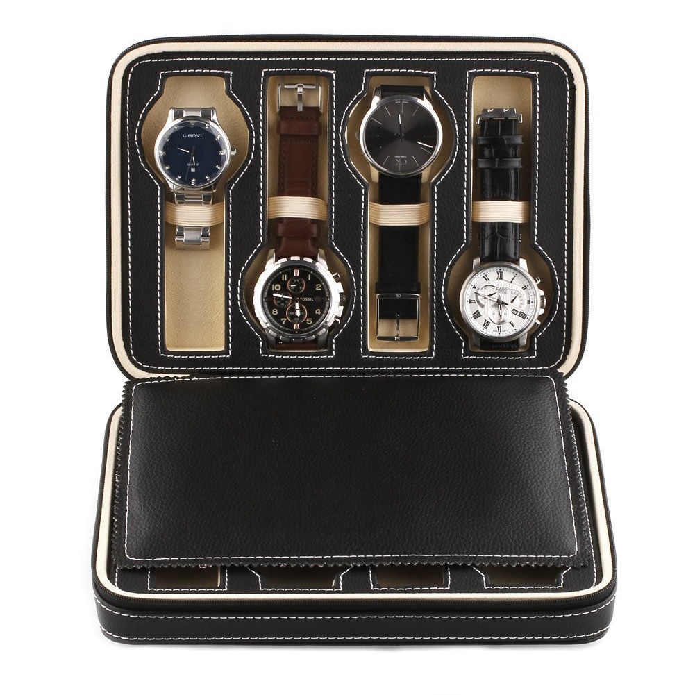 8 Grids Watch Display Storage Box Case Tray Zippered Travel Watch Collector Case Faux Leather Black