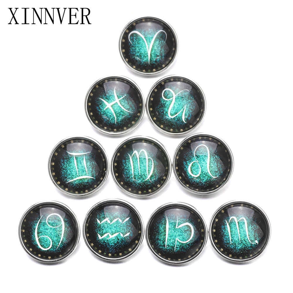 10pcs Mixed 18mm Glass Snap Buttons Jewelrys Horoscope Series Glass Snaps Fit Xinnver Snap Bracelet Jewelry ZB353