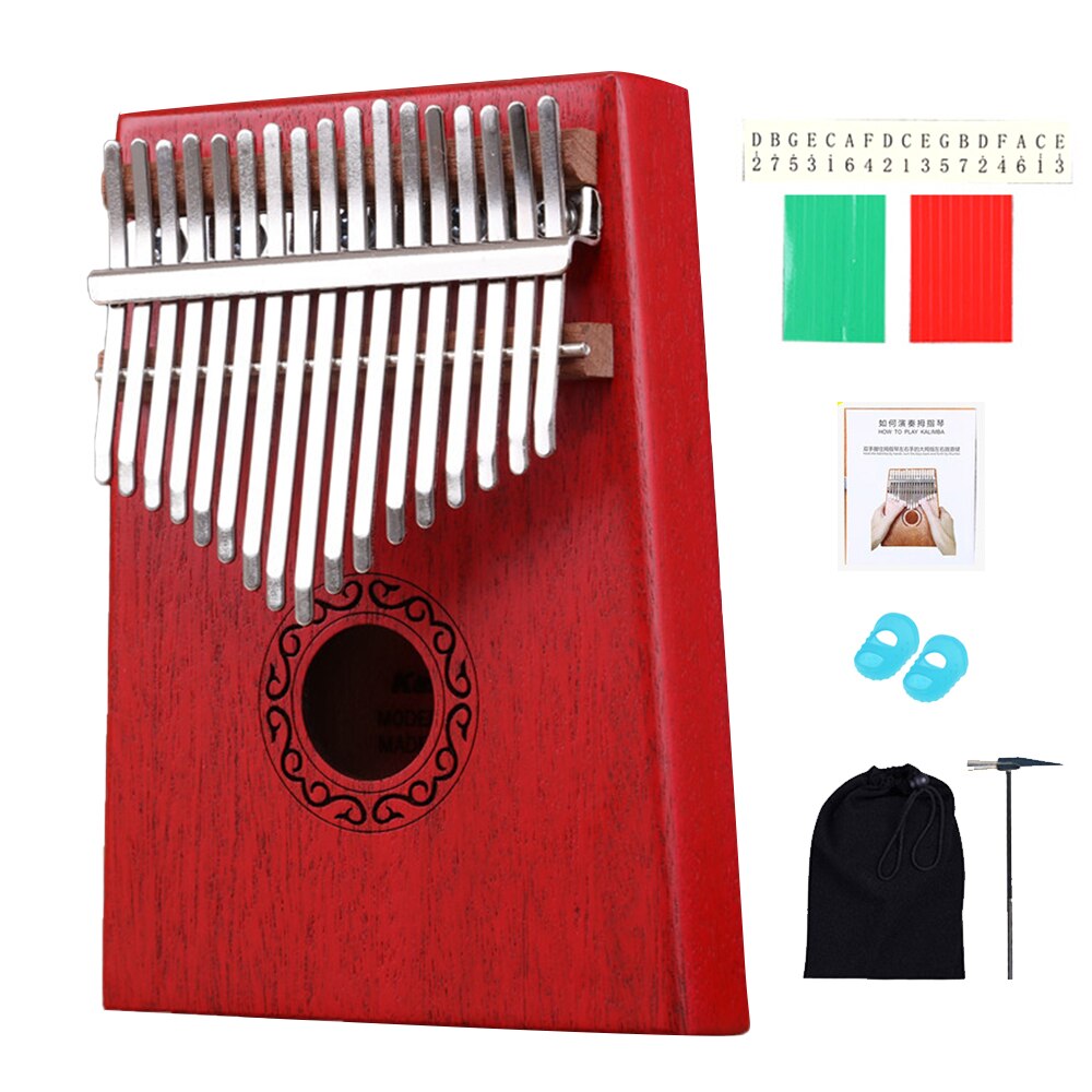 17 tangenter klavertræ mahogni krop musikinstrument med lærebog hammer til begyndere kalimba taske: 17 nøgler røde