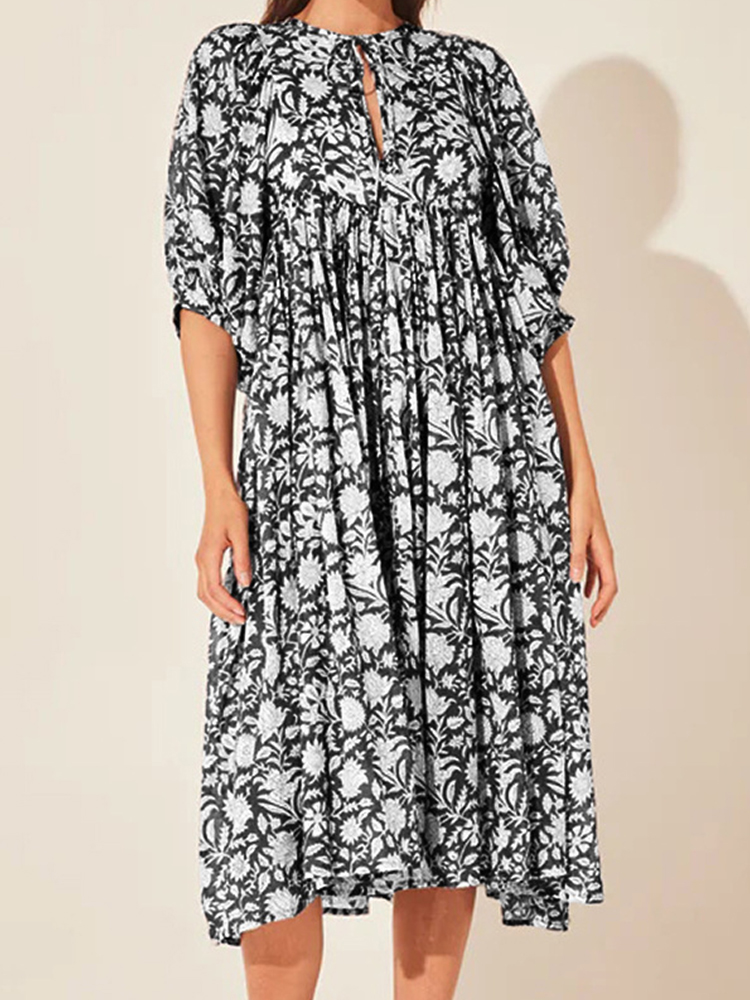 Oversized Casual Loose Dresses Women Summer Floral Printed Long Dresses Lantern Sleeve Boho Beach Dress: S / black
