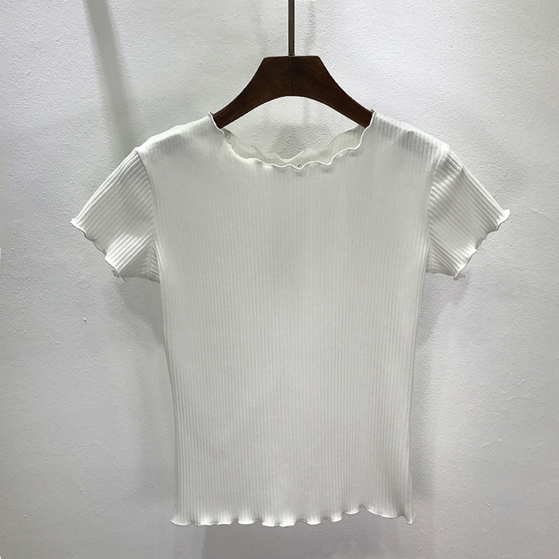 Camiseta deportiva informal para mujer, Top de Yoga transpirable con volantes, Top de manga corta suave de Color sólido, camiseta elástica de uso diario para mujer: white