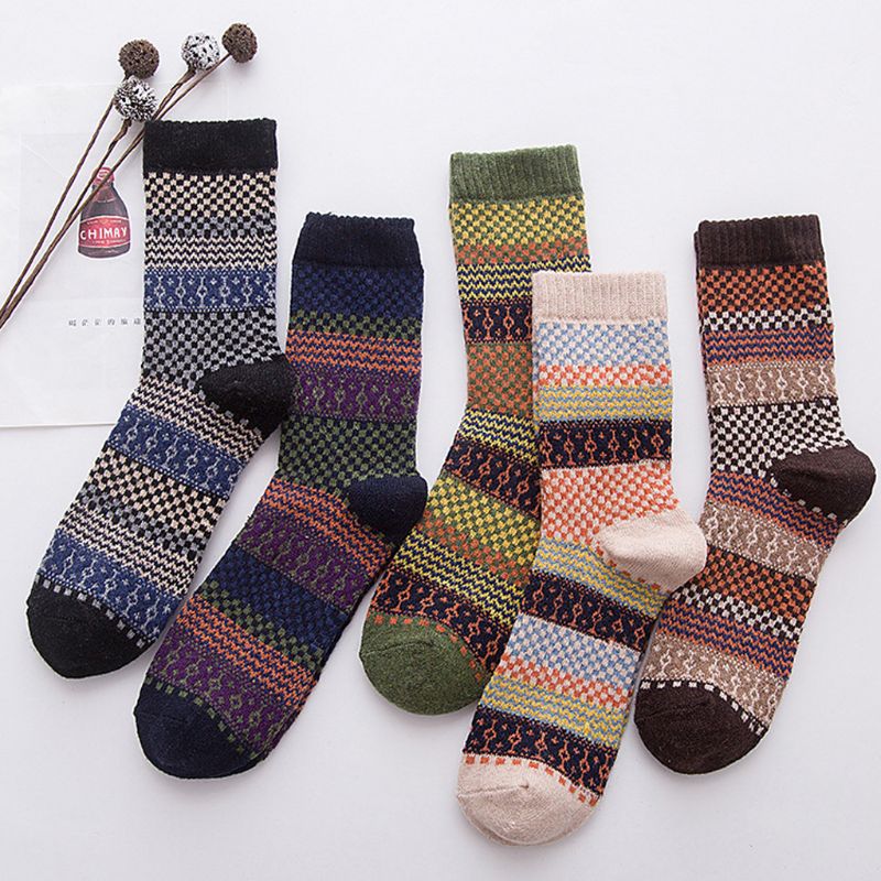 5 pair Mens Vintage Ethnic Woolen Warm Long Socks Checked Striped Geometric Ribbed Knit Winter