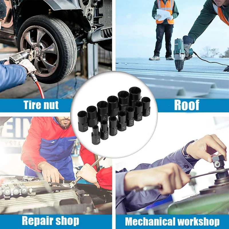 10/13Pcs Impact Damaged Bolt Nut Screw Remover Extractor Socket Tool Kit Removal Set Bolt Nut Screw Removal Socket Wrench