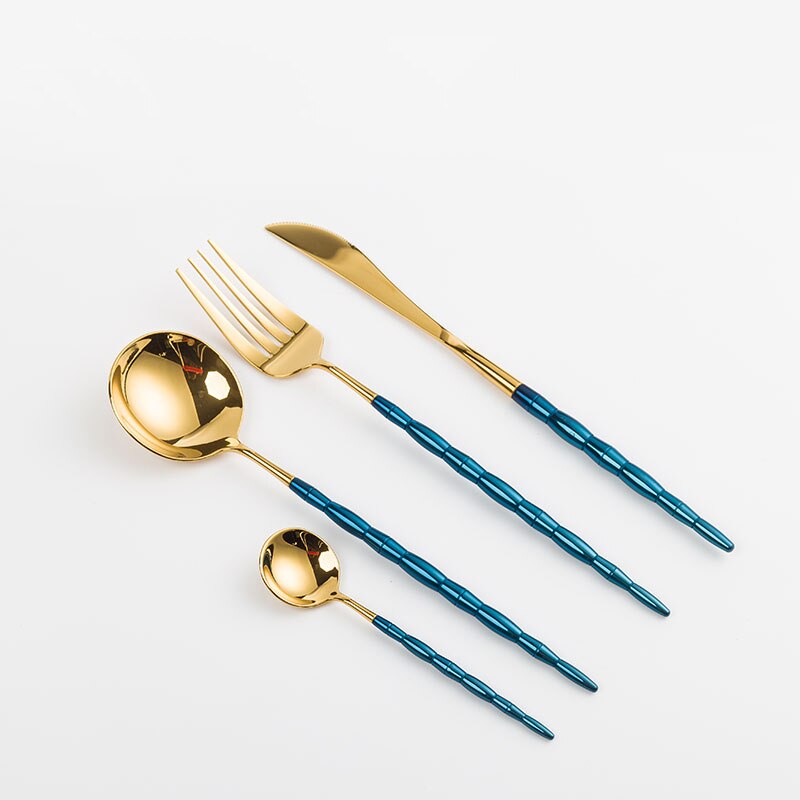 Europæisk bambus bestik kniv gaffel og ske sæt 304 rustfrit stål bøf kniv og gaffel husholdning tallerken kaffeske: Gloden og blå