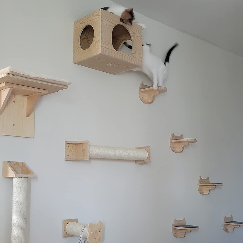 Wall Mounted Cat Wall Climbing Furniture Cat Corner Guardrail Steps and Platform Scratching Posts For Cat Walking and Playing