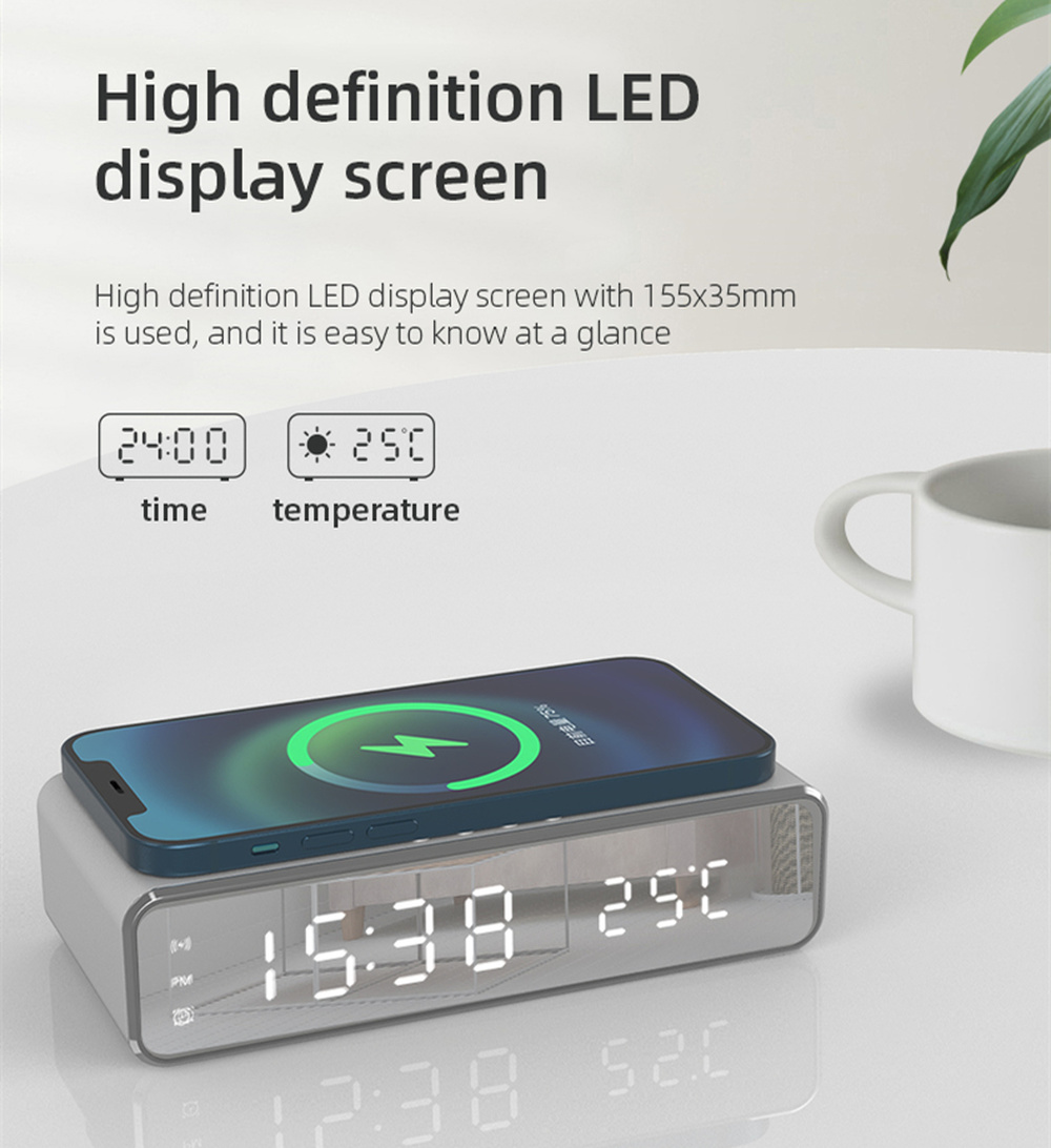 LED Electric Alarm Clock With Mobile Phone Wireless Charger HD Clock Mirror With Time Memory Digital Thermometer Clock