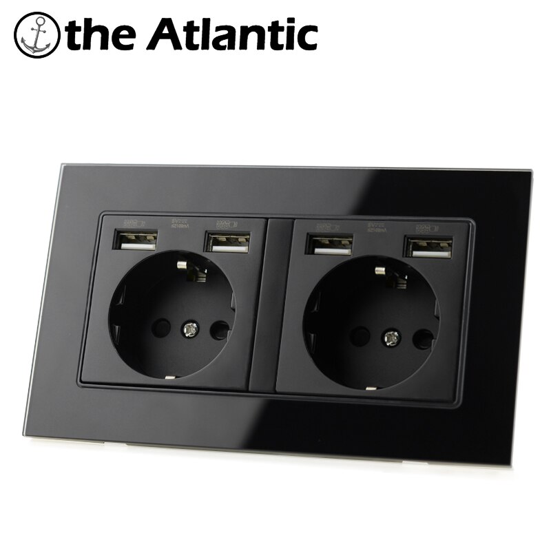 Atlectric podwójny DE gniazdo wtykowe ue z ładowanie telefonu komórkowego przez USB Port ścienne gniazdo zasilające hiszpania rosyjski czarne szkło rama 146*86mm gniazdko elektryczne,gniazdo