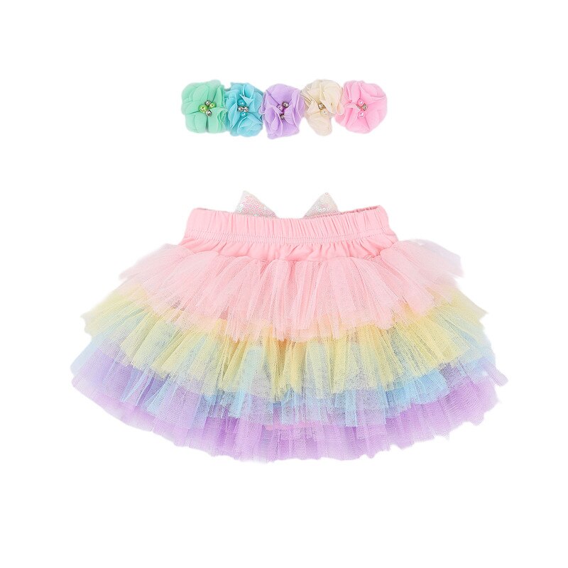 Cute Infant Baby Girls Colorful Rainbow Tutu Skirt Headband Bowknot Mesh Layer Skirts Flower Headwear Outfit Sets