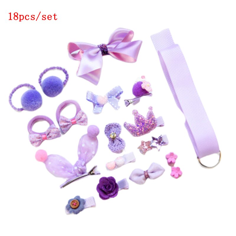 18pc Headwear Set Toys For Girls Children Accessories Ribbon Bow Hair Clip Hairpins Girl Princess Hairdress Beauty & Toy: Purple 18PCS