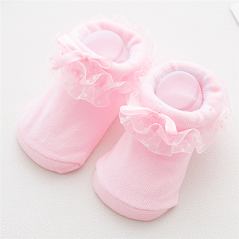 Lace Socks Girls Cotton Cozy Ruffle Frilly Ankle Socks Dots Baby Girl Princess Socks Bow Kids Dress Tutu Socks Photography Props: Pink / 6M