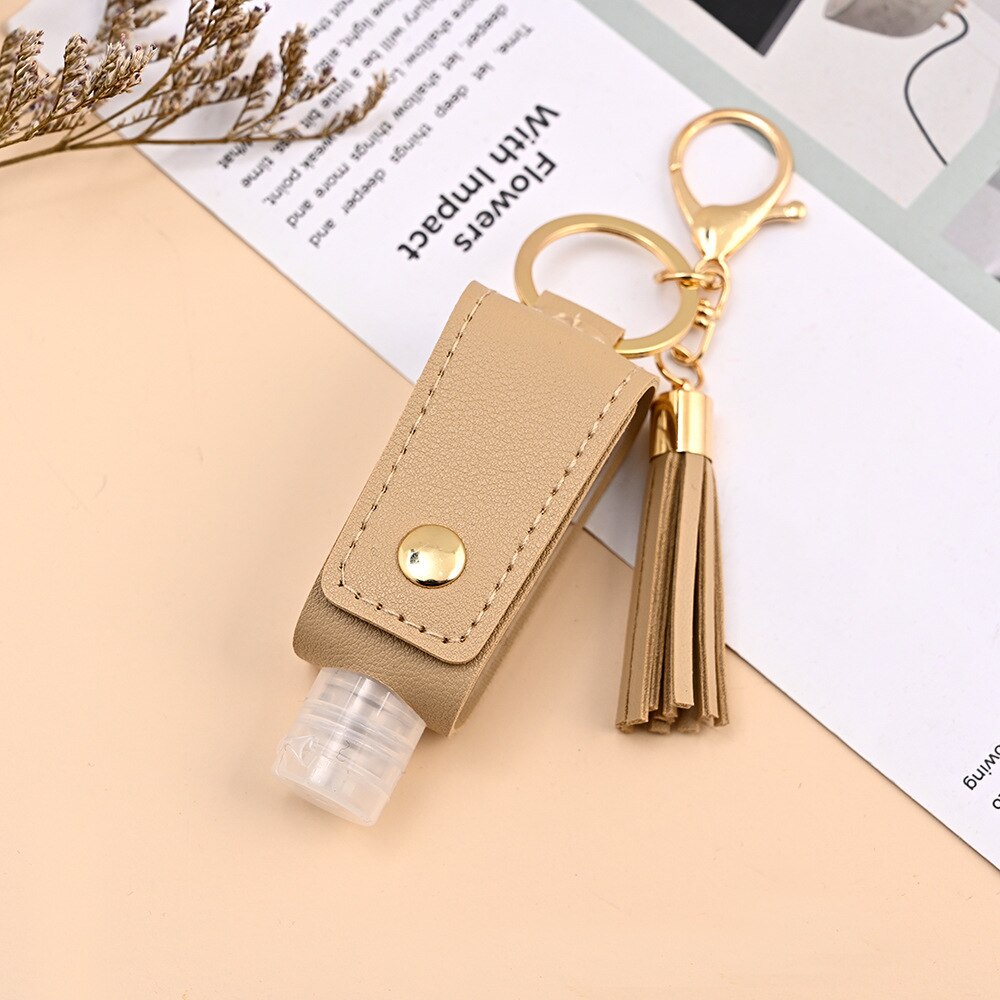 Mini bouteille de Gel hydroalcoolique Portable 30ml, étui de désinfectant pour les mains, étui en cuir, porte-clés de santé: kaki foncé