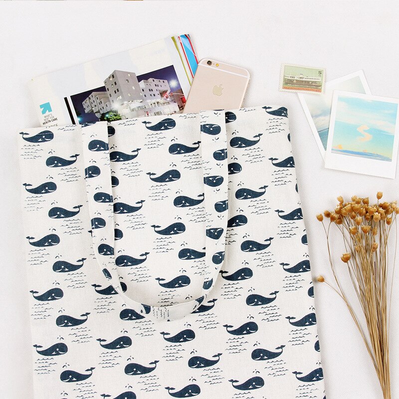 YILE Brand Cotton Linen Eco Reusable Shoulder Bag Shopping Tote Print Cute Whales L244