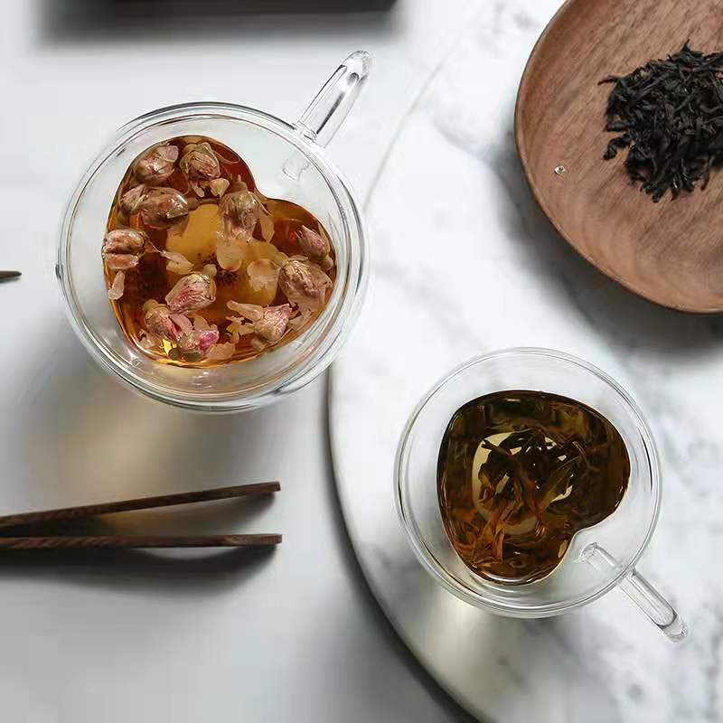 corazón amor en forma de doble pared de vidrio taza de café resistente Kungfu tazas de té leche jugo de limón taza vasos de amante