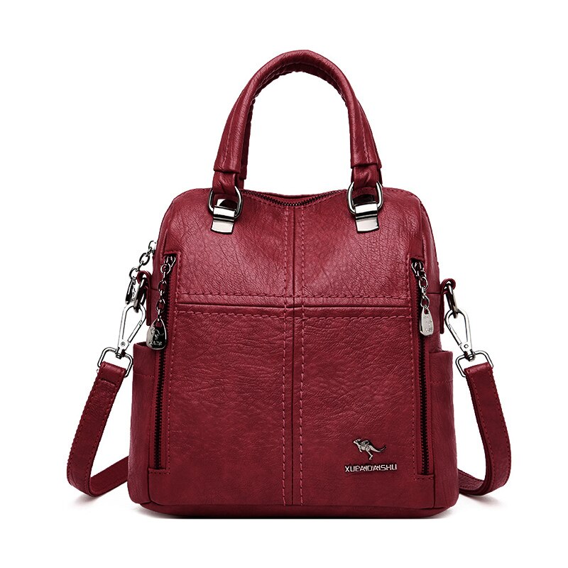 Leather Backpack Women Shoulder Bags Multifunction Travel Backpack School Bags for Girls Bagpack Mochila: Wine Red