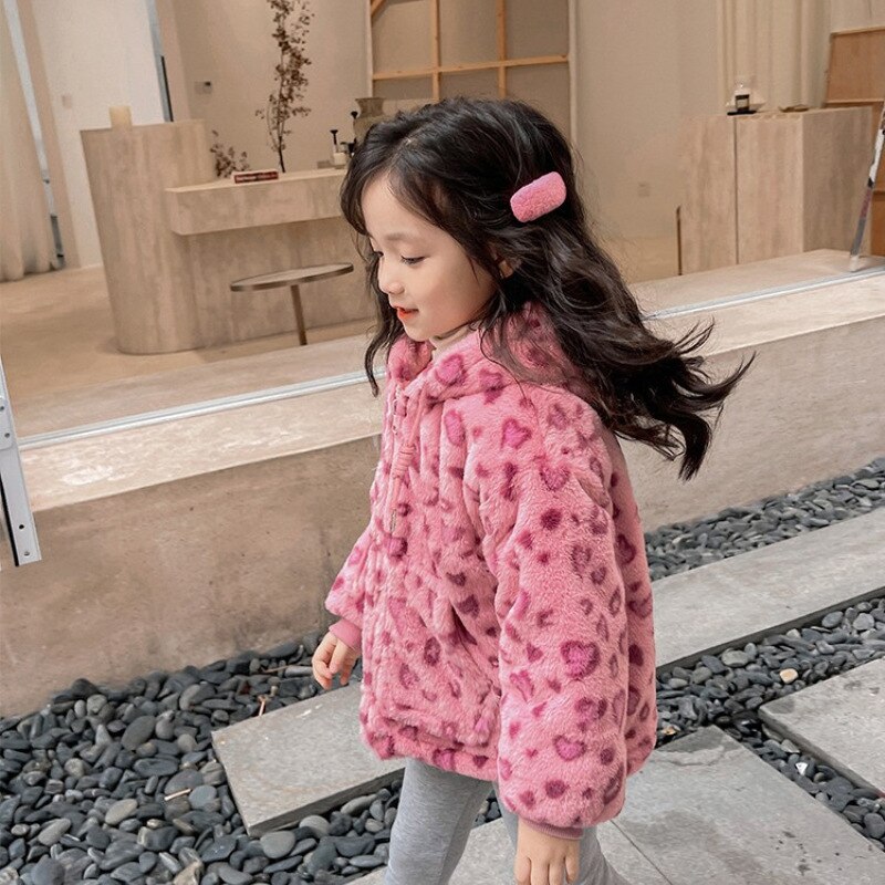 Girls Winter Hooded Jacket Fuzzy Thick Warm Pink Leopard Print Coat 3-7 Years Children Zipper Pink Outerwear Clothes