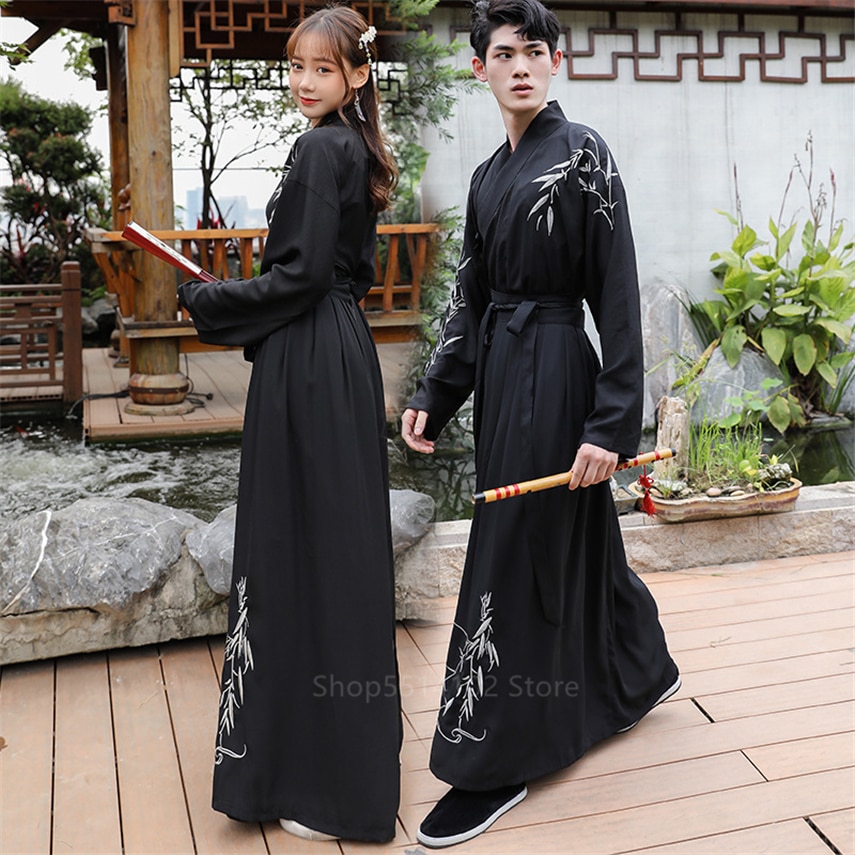 Hanfu-ropa tradicional china antigua para hombres y mujeres, traje bordado de bambú negro, conjunto de ropa de calle para parejas, trajes para adultos