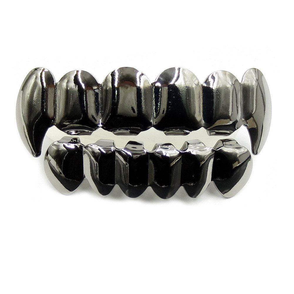 RACHELZ Hip Hop colmillos negros Diente Grillz 14K chapado en oro 6/6 tapas de dientes decoración parrillas dentales para hombres mujeres joyería de Halloween: PLATEADO