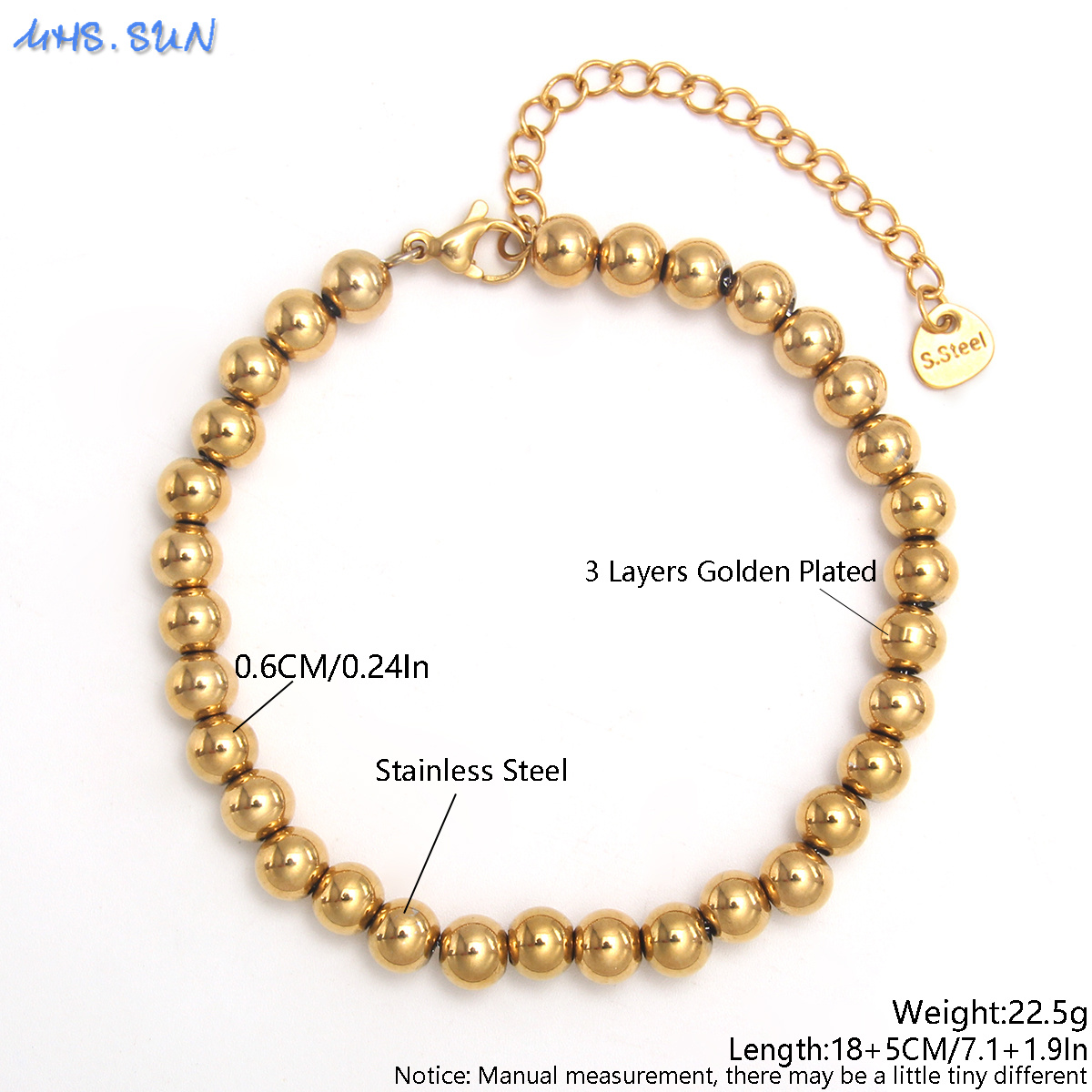 MHS.SUN-pulsera de cuentas lisas impermeable, brazalete ajustable de bolas redondas de acero inoxidable, Color dorado y plateado, joyería de Unisex: Color amarillo dorado claro