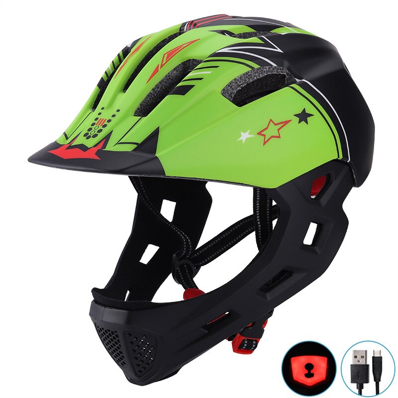 Kinder Volle Gesicht Helm Mit Rote LED Licht Kinder Fahrrad Helm Kind Helm Radfahren MTB Fahrrad Skateboard Roller Skating Helm: Black green