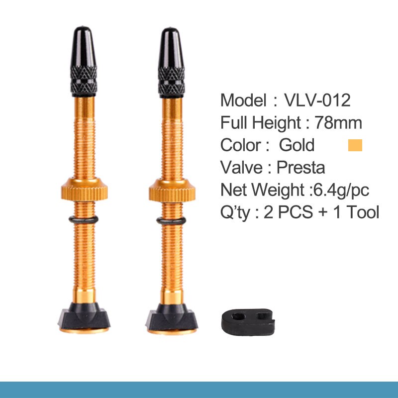 Deemount 2PCS Bicycle Tubeless Tire Presta Valve 78mm Alloy Stem Brass Core For Mountain Road Bikes W/ Alloy Cap &amp; Tool: 78mm Golden 1 Pair