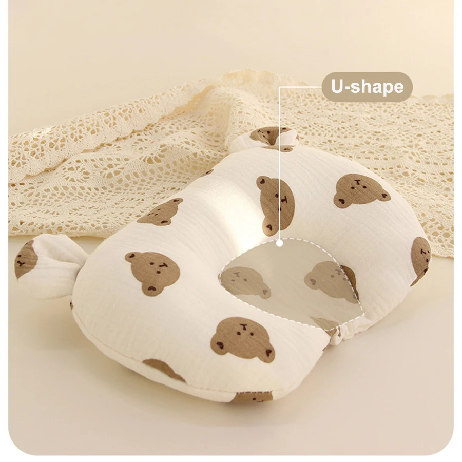 Babykissen, Cartoon-Druck, niedliche kleine Ohrdekoration, weiche, atmungsaktive U-förmige Kissen für Kleinkinder von 1–3 Jahren, 20 x 25 cm