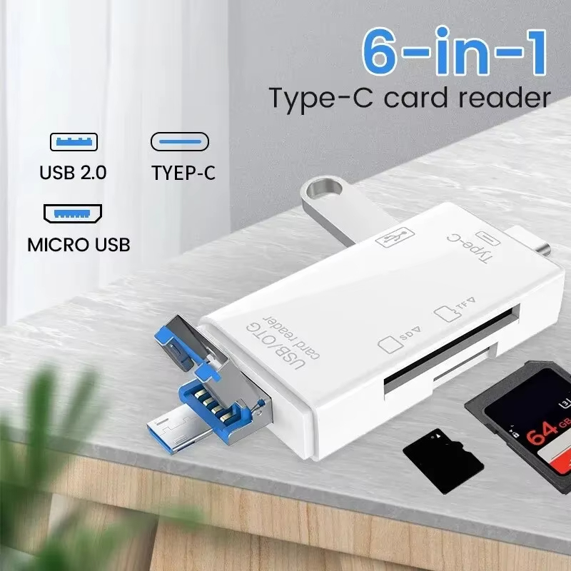 Lettore di schede OTG 6 in 1 Lettore di memoria per schede Micro SD TF USB 3.0 Chiavetta USB ad alta velocità Micro USB Tipo C a USB Adattatore Scrittore
