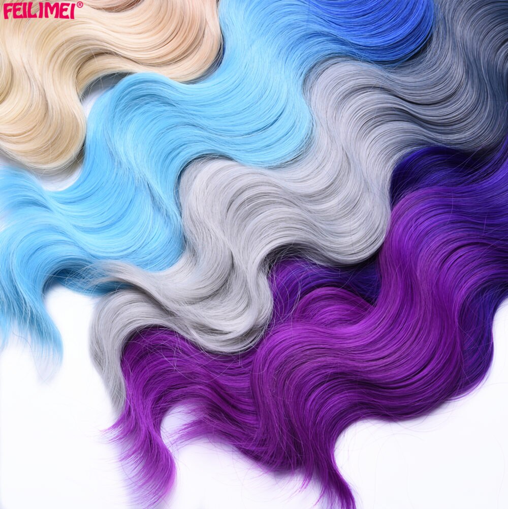 Feilimei-mechones de pelo sintético, tejido de fibra de alta temperatura, 3 tonos, Rubio degradado, gris, azul, Morado, 18 pulgadas, 20 pulgadas, 22 pulgadas