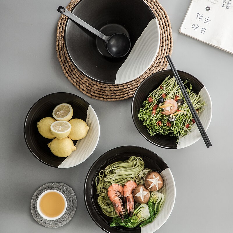 Ceramic Black and White Hat Bowl Large Fruit Salad Dessert Bowl Household Noodle Bowl Soup Bowl Kitchen Restaurant Western Plate
