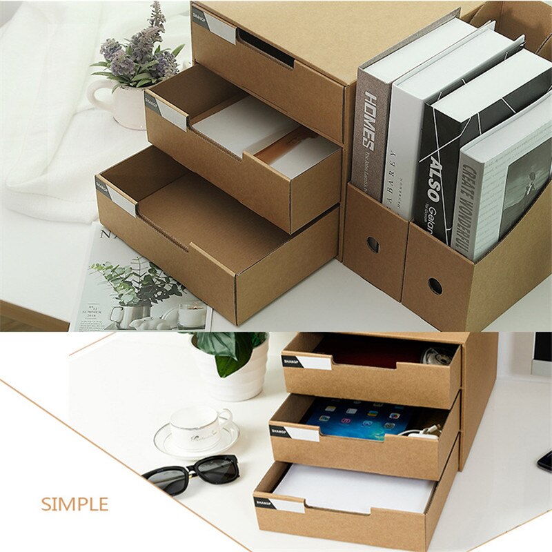 Kraft Paper Letter Files Case Box Multifunction 3 Layers Drawer Document Home Office Desktop Books Stationery Cosmetic Storage