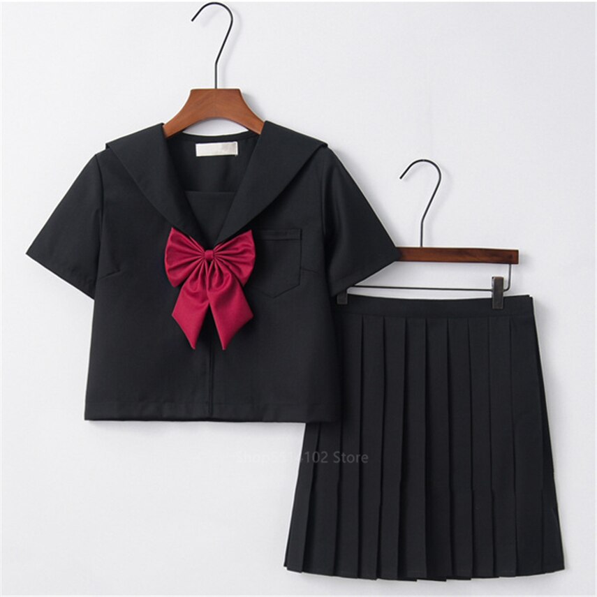 Japanese School Uniform Kansai Bad Black Suit for Students JK Kawaii Sailor Collar Bow High School Top Long Pleated Skirt Set