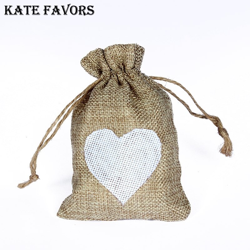 1 PC 10x14CM Hochzeit Taschen Schmuck Tasche modisch Weiß Natürliche Leinen Kordelzug Hochzeit Favor Taschen Beutel herz bilden
