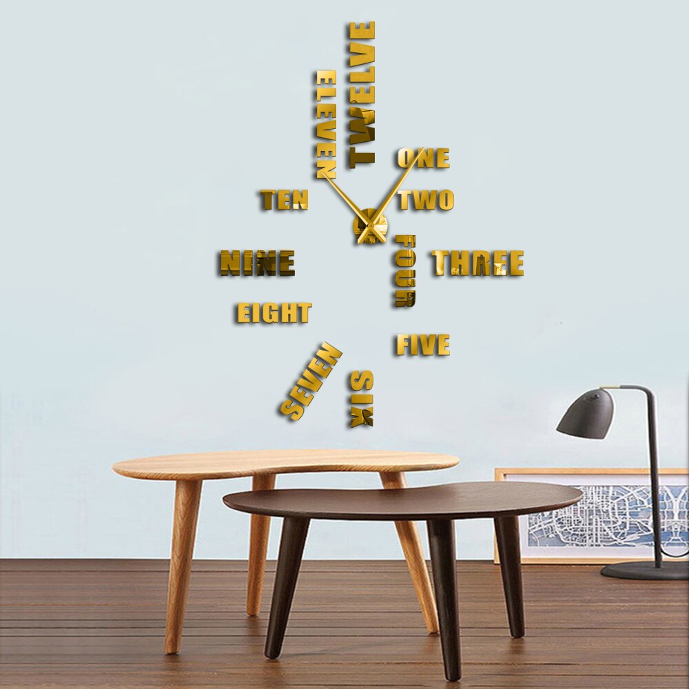 DIY English Letter Number Wall Clock Modern 3D Sticker Frameless DIY Giant Wall Clock Simple Quiet Sweep Wall Watch Decor