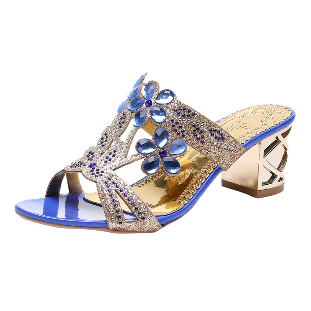 Womail Rhinestone Crystal Sandal High Heel Women's Casual Crystal Outdoor Square Heel Sandals Summer Rome Sandal Women: BU / 35