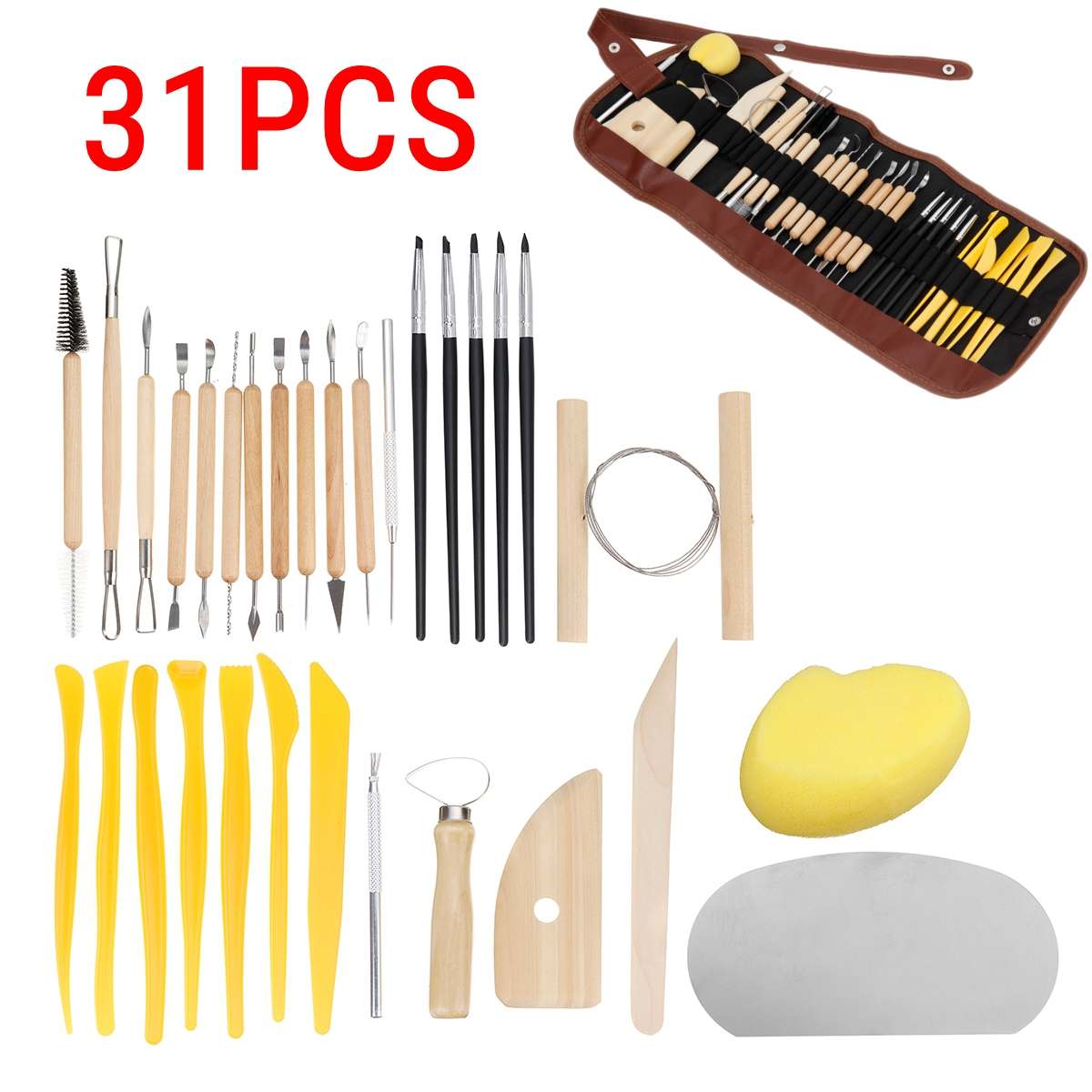 61PCS Ceramic Clay Tools Set Polymer Clay Tools Pottery Tools Set Wooden Pottery Sculpting Clay Cleaning Tool Set tool sculpture: 31PCS