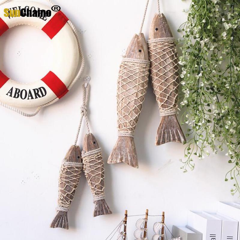 MEDITERRANEAN STYLE HAND CARVED WOODEN FISH WALL HANGING WOOD FISH ORNAMENTS WALL SCULPTURES FOR HOME HANGING DECOR 2PCS/SET