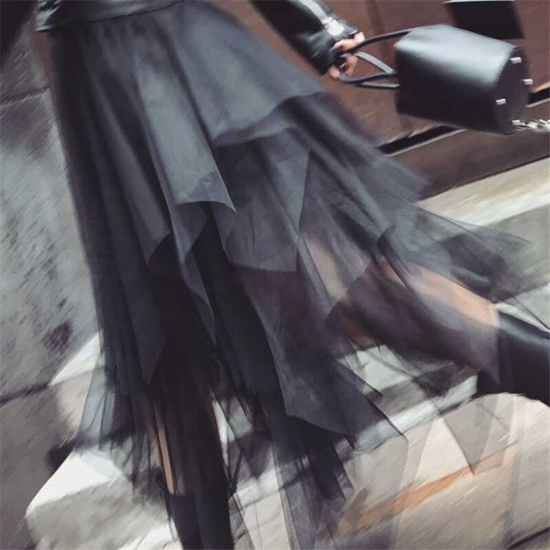 Elastisk hög midja oregelbunden tyll midi kjol dam mesh tutu maxi veckad lång kjol faldas mujer moda saias jupe: Svart