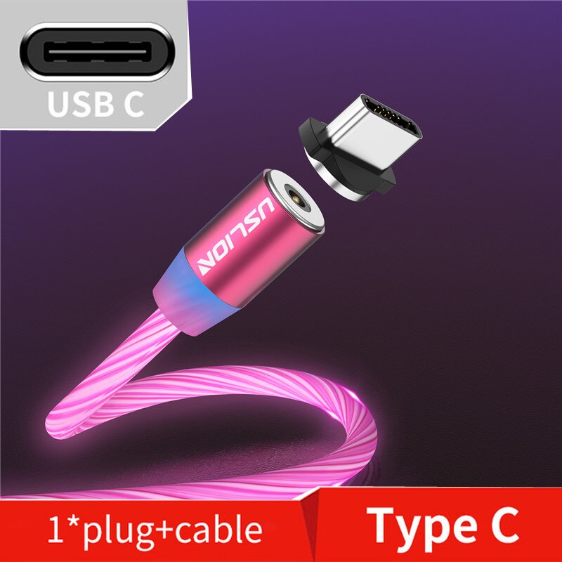 Cabo usb magnético de led uslion para celular, fio para carregador com micro usb tipo c para carregamento rápido para iphone samsung s10: Red Type C