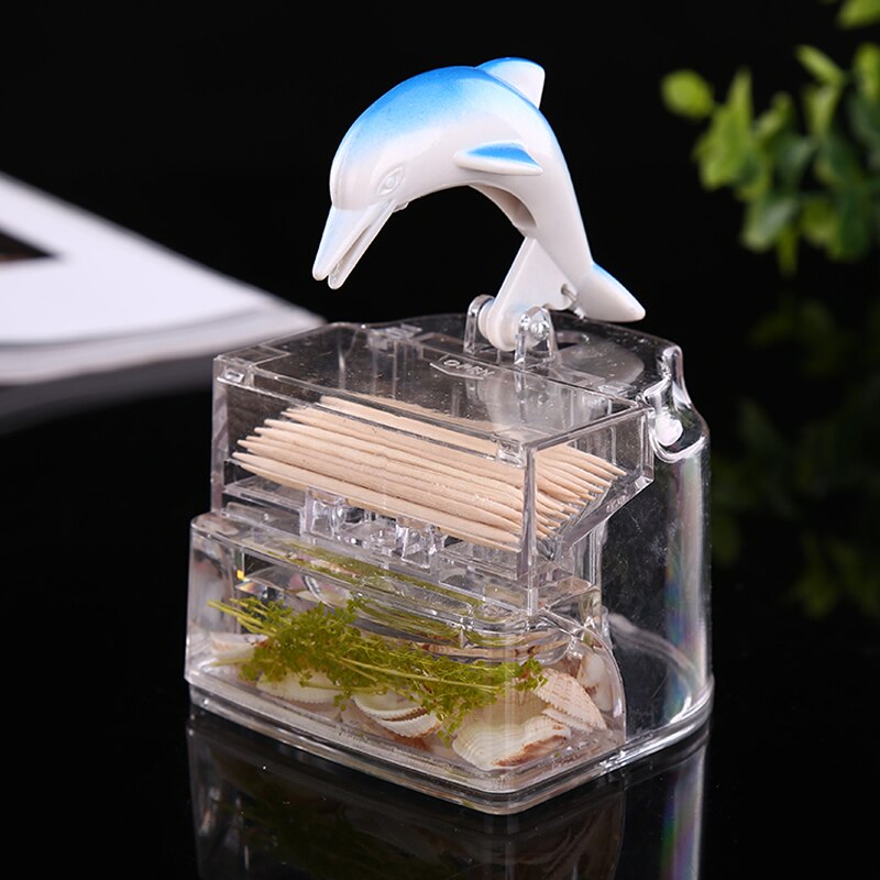 Cute Cartoon Dolphin Toothpick Box Transparent Mediterranean Style Toothpick Holder Tooth Pick Dispenser Kitchen Accessories: blue
