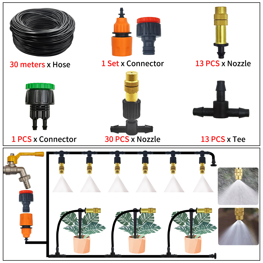 5M-30M Garden Brass Misting Cooling System Irrigation Watering 1/4'' Atomizer Nozzles 4/7mm Hose for Outdoor Greenhouse Pot: Light Grey