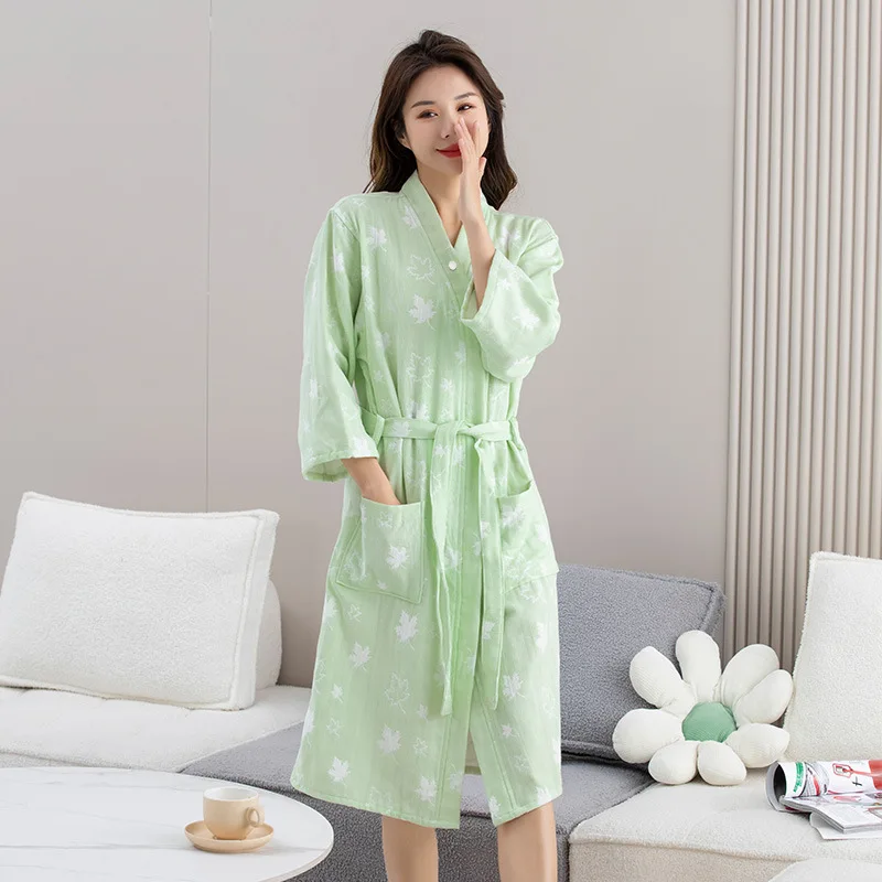 Katoenen Badjas Voor Dames Nachtkleding Dun Lente En Herfst Lange Mouw Yukata Absorberende Sneldrogende Badjassen: L / Black