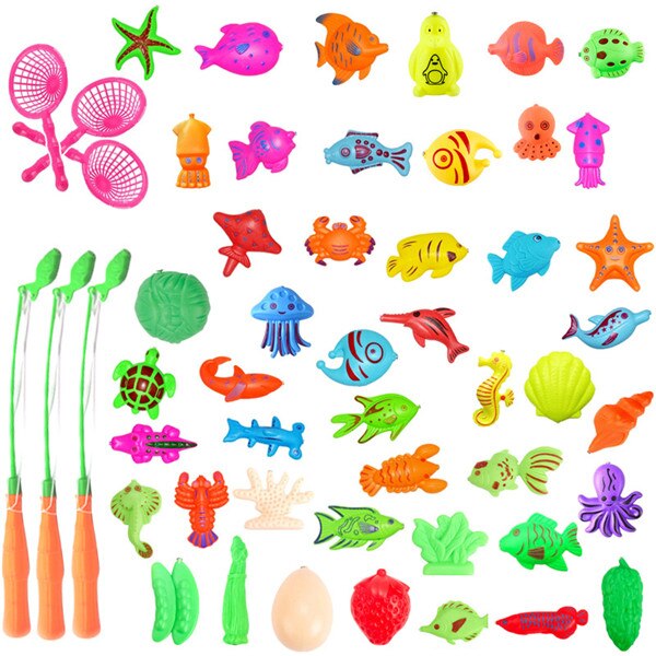 Juego de juguetes de peces con piscina inflable para niños, juguete de pesca magnético, Red de caña para niños, modelo para jugar, pesca, juegos al aire libre: 52pcs