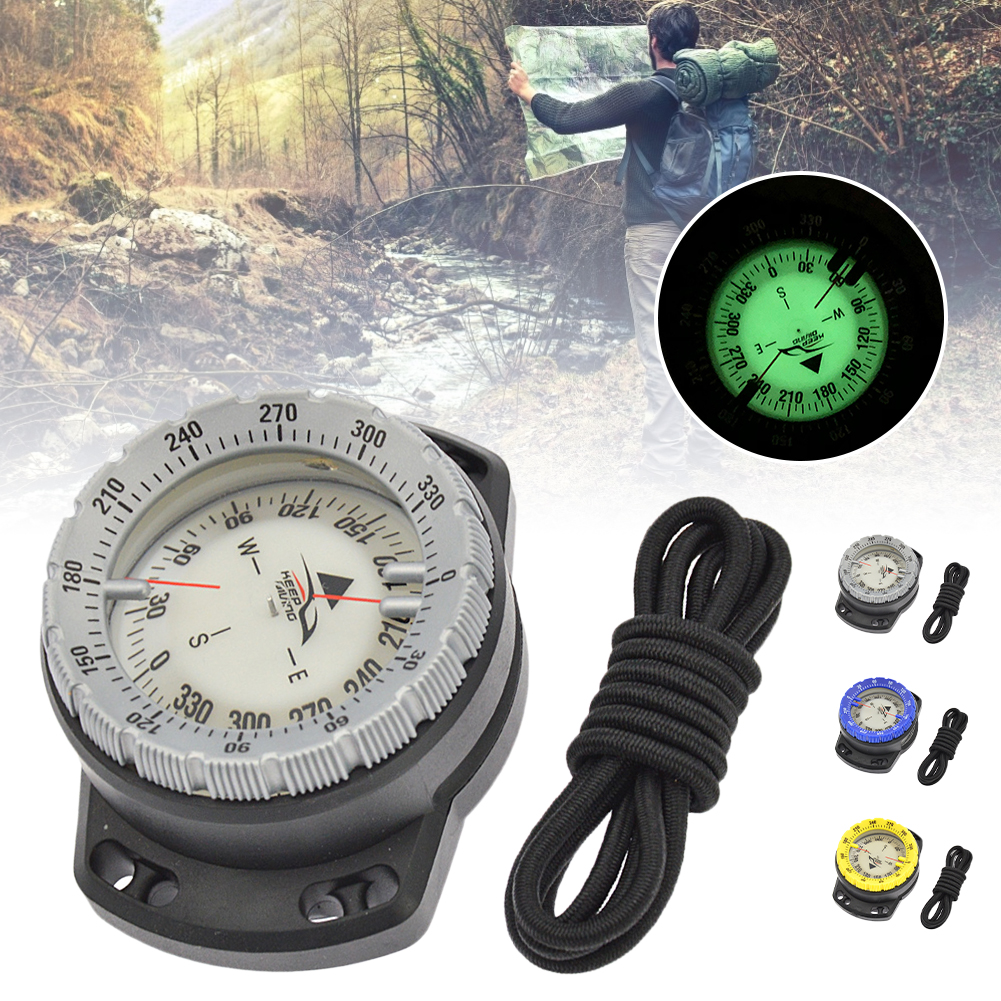 Underwater Luminous Compass Scuba Diving Navigation Compass Portable 50m Waterproof Dial with Wrist Strap for Outdoor Hiking