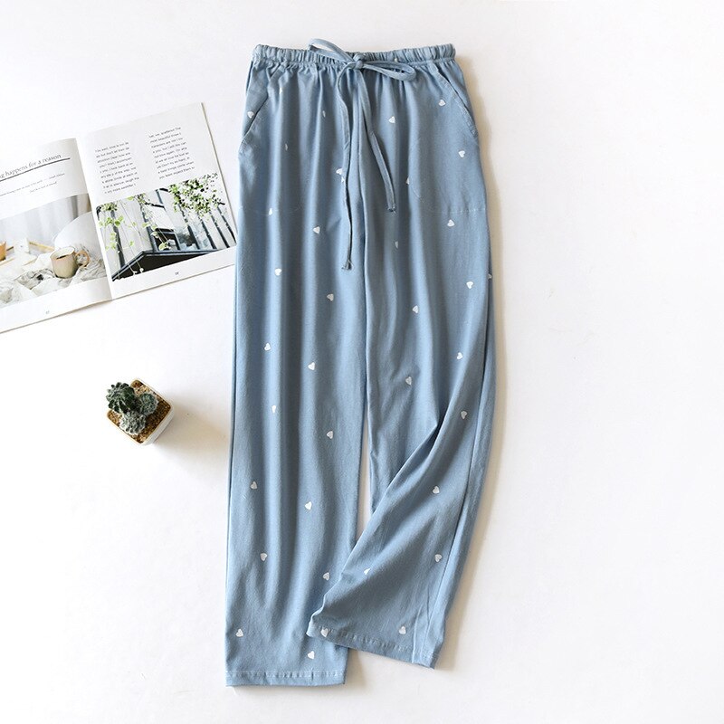 Pantalones de algodón de punto para mujer, pantalones de Casa bonitos de amor, de verano, finos, para dormir, para las cuatro estaciones: Azul / M