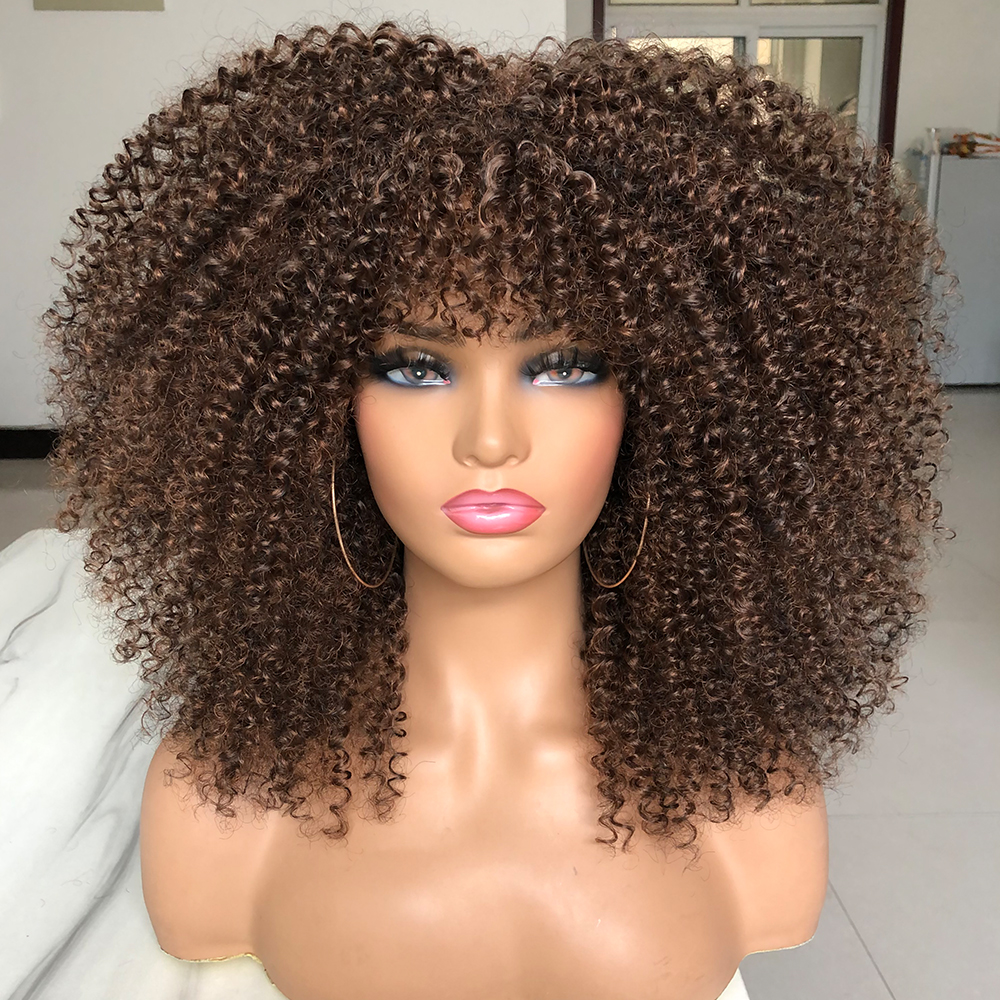Perucas afro encaracoladas para mulheres negras, perucas sintéticas afro encaracoladas com franja, cabelo longo e fofo e encaracolado: 4/30HL
