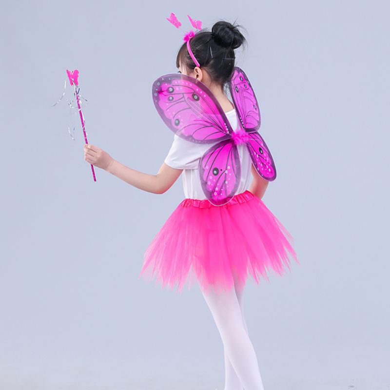 Adulte enfants 4 pièces ensemble de costumes de fée LED Simulation ailes de papillon pointu Tutu jupe bandeau baguette princesse filles fête habiller