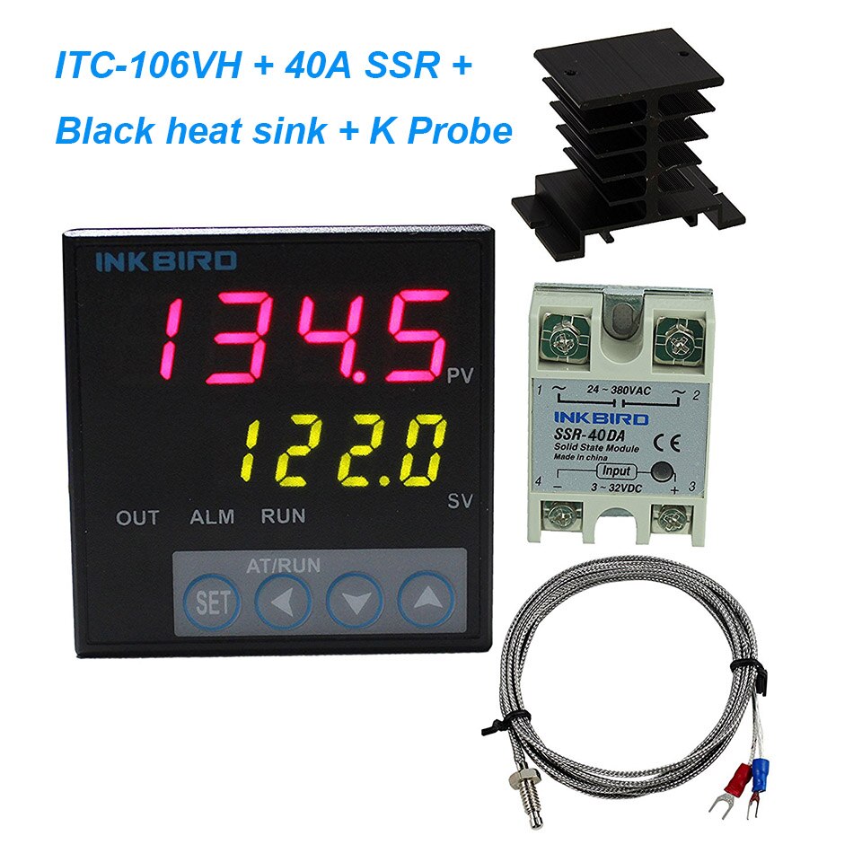 Inkbird ITC-106VH PID Temperature Controllers + K sensor + 40A SSR + heat sink, Solid State Relay for Sous Vide, thermocouple k: 40A SSR black