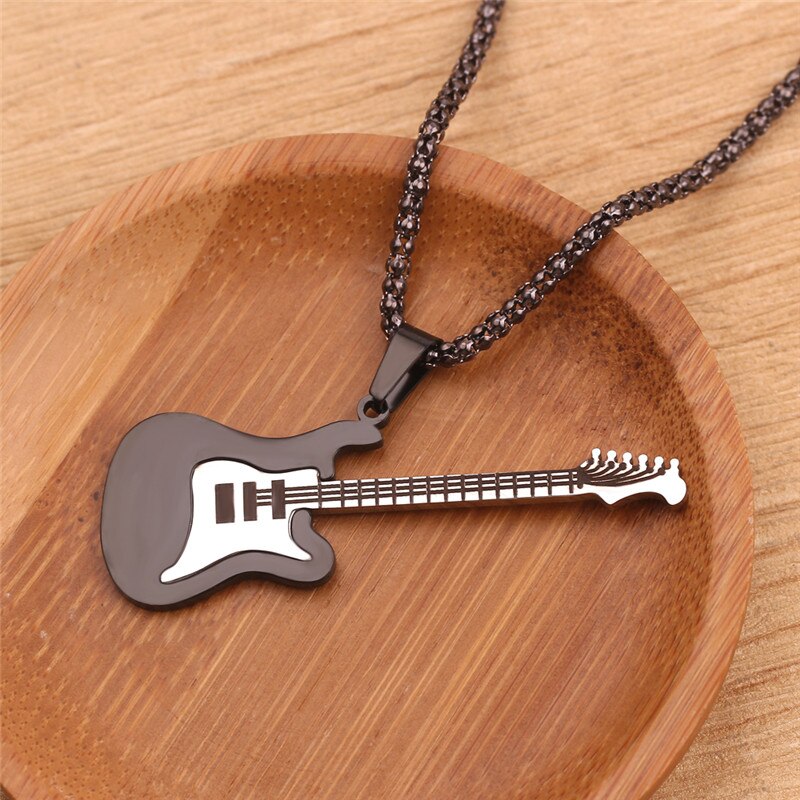 Hip Hop Gold Black Silver Color Men Women Stainless Steel Rock Music Guitar Pendant Jewelry Chain Necklace bijoux