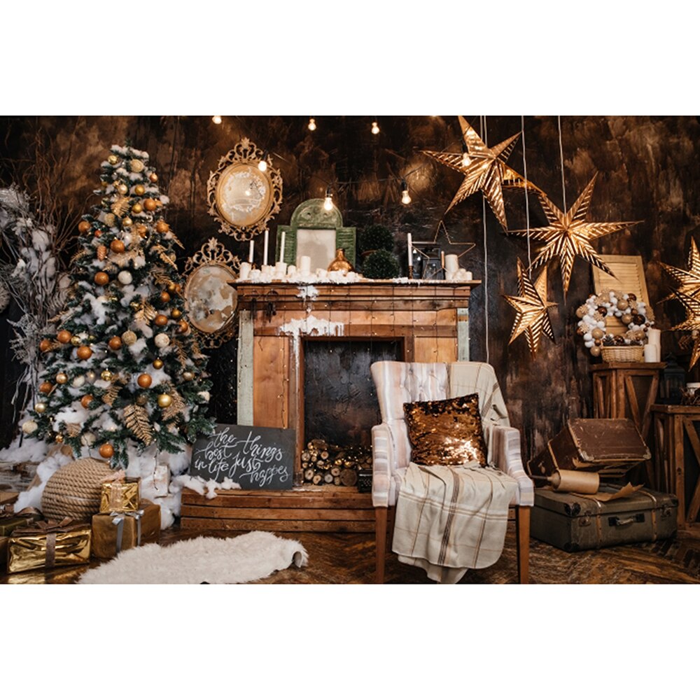 7x5ft Photography Backdrop Retro Christmas House Tree Stars Wood Board Background Vinly Cloth Wall Decor Baby Birthday Party: Default Title